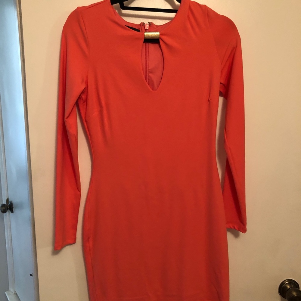 Coral, long sleeve, bodycon dress